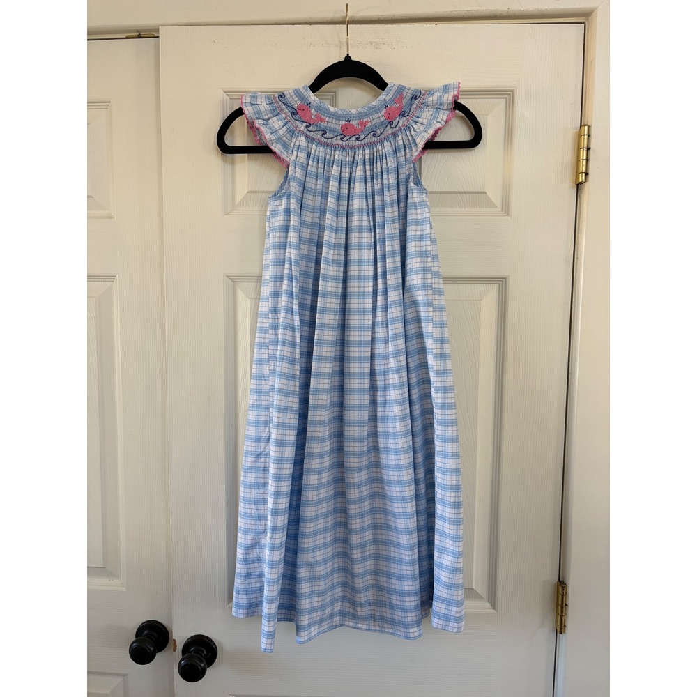 Southern Sunshine Girls Blue Plaid Smocked Whale Dress Size 8 Flutter sleeves
